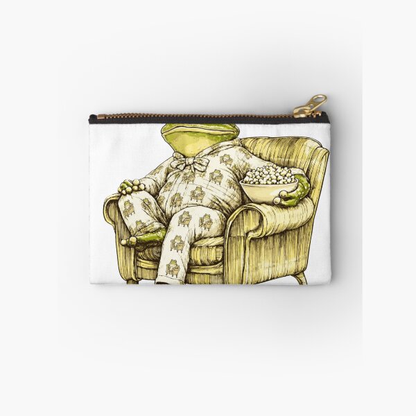 Item preview, frog with one leg up in matching pajamas eating popcorn designed and sold by PhiloDoh.