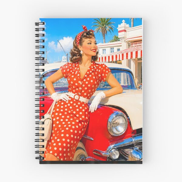 Item preview, Retro Pin-Up Girl Red Polka Dot Dress Vintage Car Harbor Summer designed and sold by Ela Art Space .