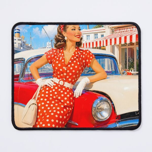 Item preview, Retro Pin-Up Girl Red Polka Dot Dress Vintage Car Harbor Summer designed and sold by Ela Art Space .