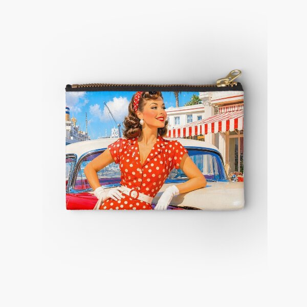 Item preview, Retro Pin-Up Girl Red Polka Dot Dress Vintage Car Harbor Summer designed and sold by Ela Art Space .