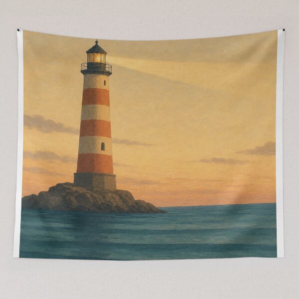 Item preview, Lighthouse at Dusk Watercolour Coastal designed and sold by GoldenHourWalls.