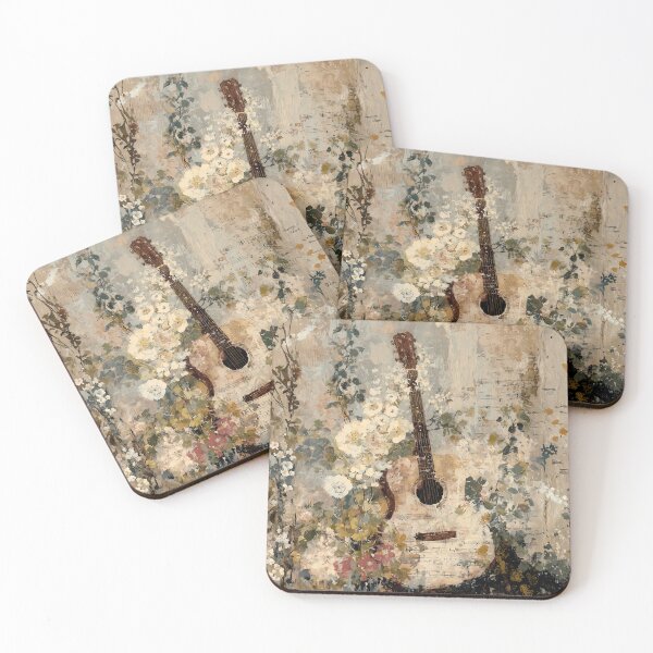Item preview, Vintage Script Floral Ephemera – Acoustic Guitar & Nostalgic Country Melodies designed and sold by Whimsical Wayfarer.