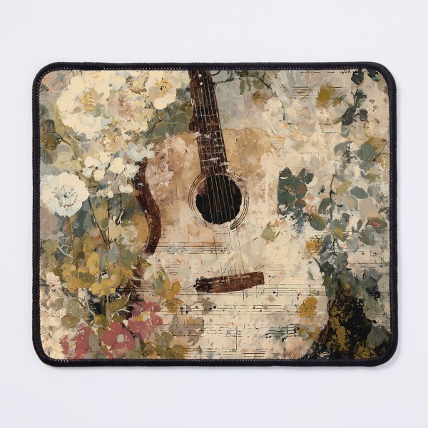 Item preview, Vintage Script Floral Ephemera – Acoustic Guitar & Nostalgic Country Melodies designed and sold by Whimsical Wayfarer.