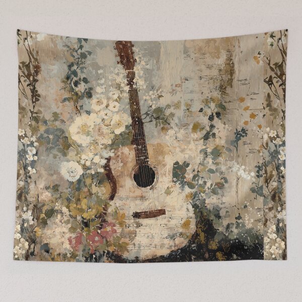 Item preview, Vintage Script Floral Ephemera – Acoustic Guitar & Nostalgic Country Melodies designed and sold by Whimsical Wayfarer.