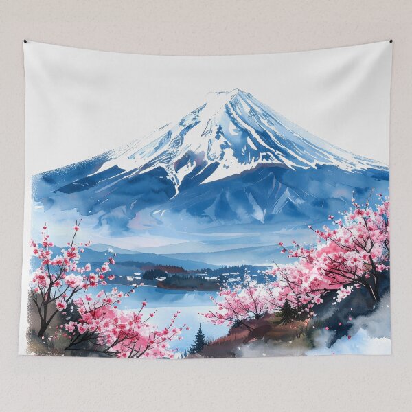 Item preview, Mount Fuji Cherry Blossom Lake Watercolor Painting designed and sold by BetweenForms.