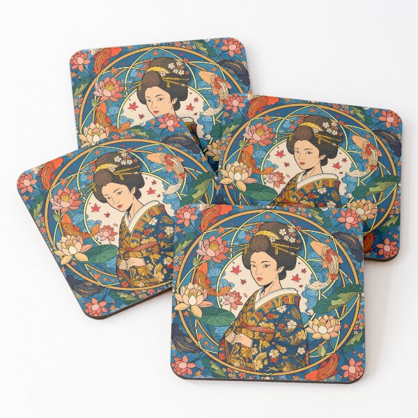 Item preview, Japanese Geisha & Koi Fish Art | Elegant Oriental Floral Illustration | Lotus Wall Decor designed and sold by GarnerSupplyCo.