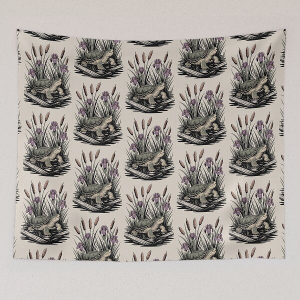 Item preview, Turtle Among Cattails & Iris Illustration designed and sold by NuvoraNest.