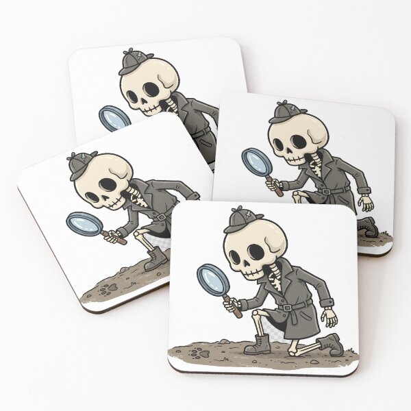Item preview, Skeleton Detective Wearing Trench Coat and Hat Inspecting Footprints designed and sold by MisteryDesigner.
