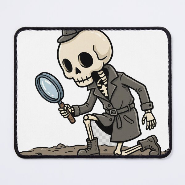 Item preview, Skeleton Detective Wearing Trench Coat and Hat Inspecting Footprints designed and sold by MisteryDesigner.