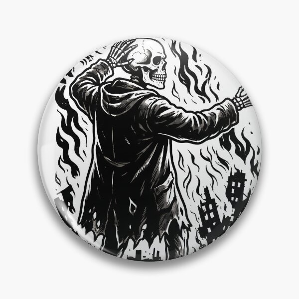 Item preview, Skeleton Wearing Trench Coat Holding Lit Match in Burning City Silhouette designed and sold by MisteryDesigner.