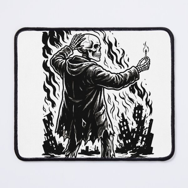 Item preview, Skeleton Wearing Trench Coat Holding Lit Match in Burning City Silhouette designed and sold by MisteryDesigner.