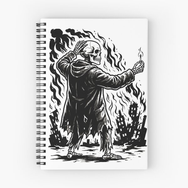 Item preview, Skeleton Wearing Trench Coat Holding Lit Match in Burning City Silhouette designed and sold by MisteryDesigner.