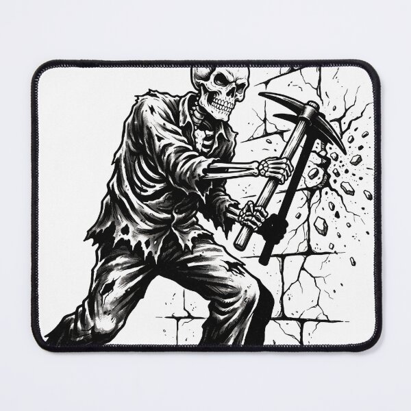 Item preview, Skeleton Wearing Tattered Shirt Hitting Cracked Stone Wall with Pickaxe designed and sold by MisteryDesigner.