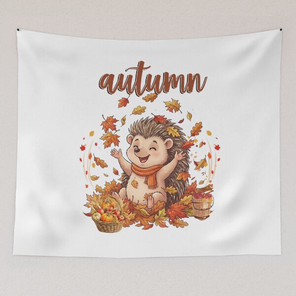 Item preview, Cute Autumn Hedgehog Playing with Fall Leaves and Harvest Basket designed and sold by VibranPalette.