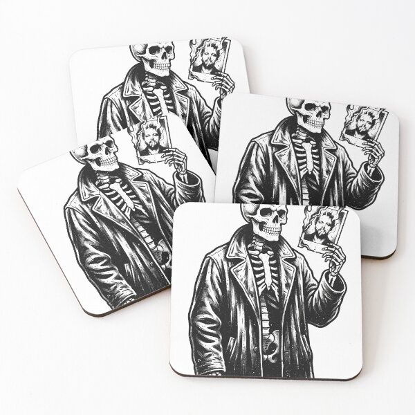Item preview, Skeleton Wearing Leather Trench Coat Holding Burning Polaroid Photograph designed and sold by MisteryDesigner.