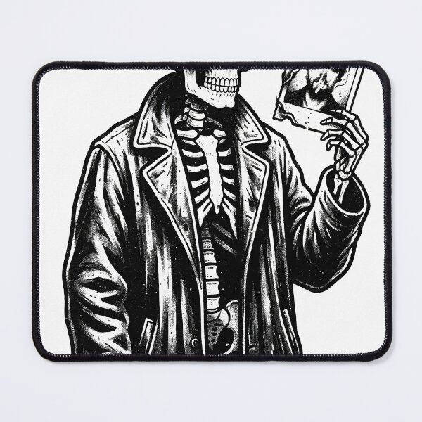 Item preview, Skeleton Wearing Leather Trench Coat Holding Burning Polaroid Photograph designed and sold by MisteryDesigner.