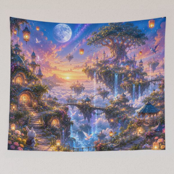 Item preview, Enchanted Floating Island Village Sunset Fantasy Art designed and sold by Herodestroyer.