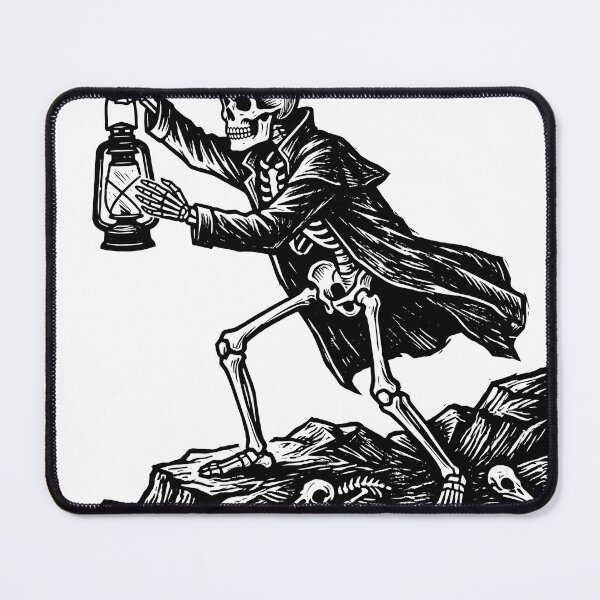 Item preview, Skeleton Wearing Long Trench Coat Holding Lantern High on Rocky Ground designed and sold by MisteryDesigner.