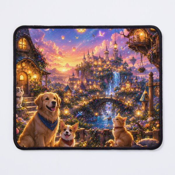 Item preview, Cozy Fantasy Kingdom Dogs and Cat Sunset Art designed and sold by Herodestroyer.