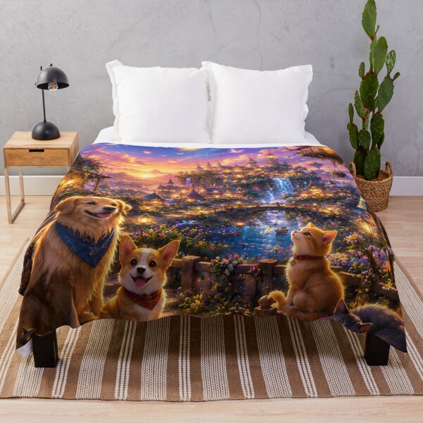 Item preview, Cozy Fantasy Kingdom Dogs and Cat Sunset Art designed and sold by Herodestroyer.