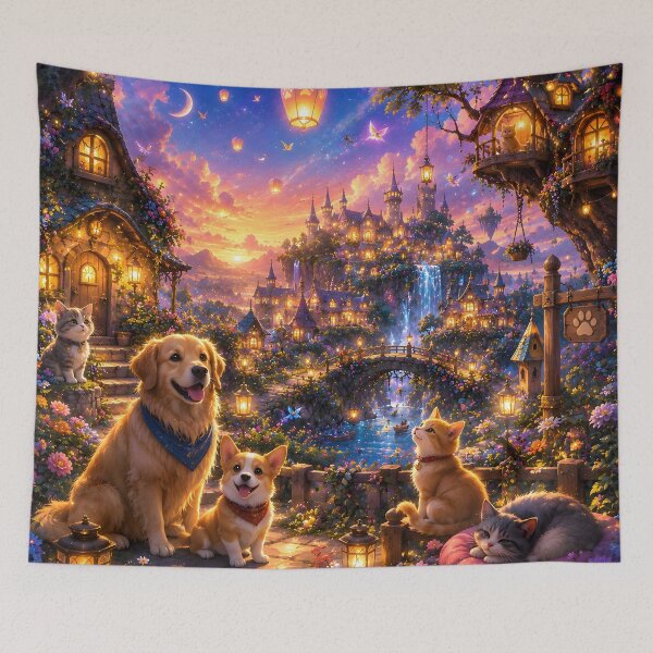 Item preview, Cozy Fantasy Kingdom Dogs and Cat Sunset Art designed and sold by Herodestroyer.