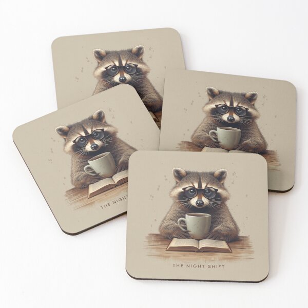 Item preview, The Night Shift Raccoon with Coffee and Book designed and sold by CayoSnapper.
