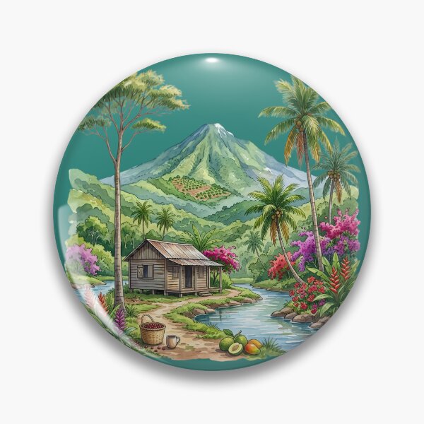 Item preview, Tropical Mountain Cabin & River Landscape Watercolor designed and sold by digitalbob60.