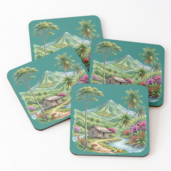 Item preview, Tropical Mountain Cabin & River Landscape Watercolor designed and sold by digitalbob60.