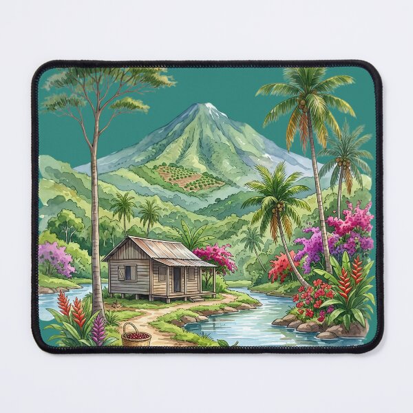 Item preview, Tropical Mountain Cabin & River Landscape Watercolor designed and sold by digitalbob60.