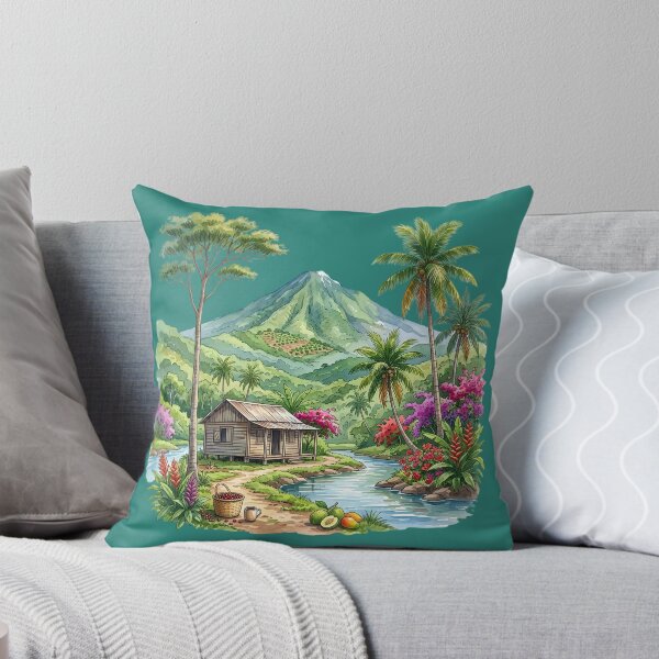 Item preview, Tropical Mountain Cabin & River Landscape Watercolor designed and sold by digitalbob60.