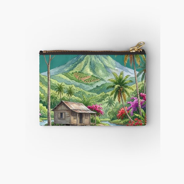 Item preview, Tropical Mountain Cabin & River Landscape Watercolor designed and sold by digitalbob60.