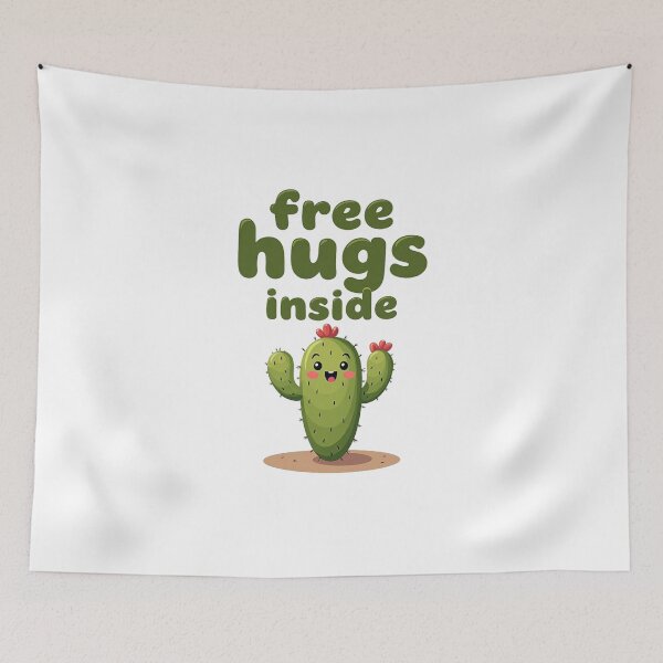 Item preview, Cactus with red blossoms promising there are free hugs inside designed and sold by Prints by Mat.