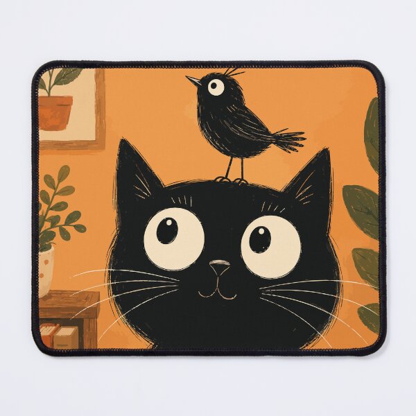 Item preview, Black Cat With Bird On Head Cute Whimsical Botanical Aesthetic Art designed and sold by The Upside Down.