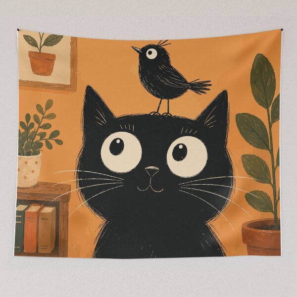 Item preview, Black Cat With Bird On Head Cute Whimsical Botanical Aesthetic Art designed and sold by The Upside Down.
