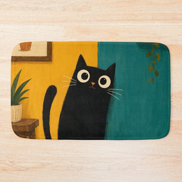 Item preview, Black Cat Peeking Around Corner Cute Whimsical Botanical Home Decor Art designed and sold by The Upside Down.