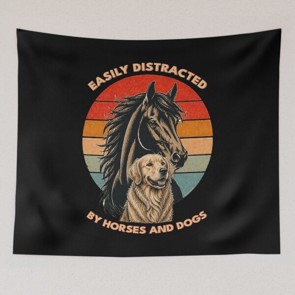 Item preview, Easily Distracted by Horses and Dogs | Golden Retriever | Retro Sunset Vintage Country Farm Life Graphic designed and sold by Made by Tamar.