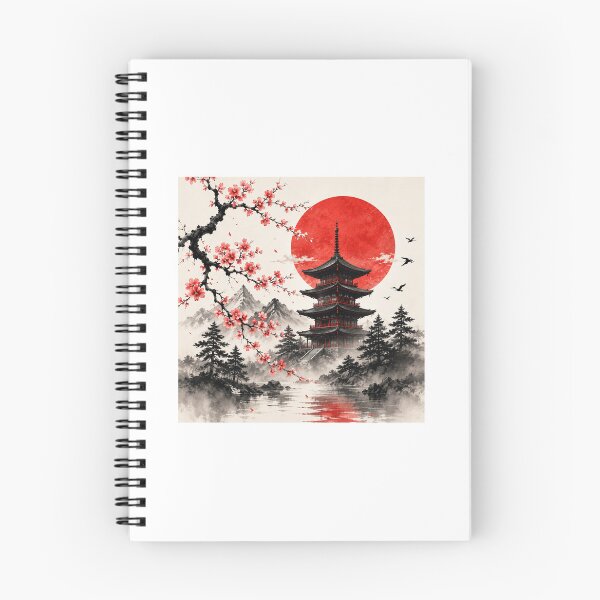 Item preview, Japanese Pagoda Cherry Blossom Red Sun Landscape designed and sold by Ak-art-shop.