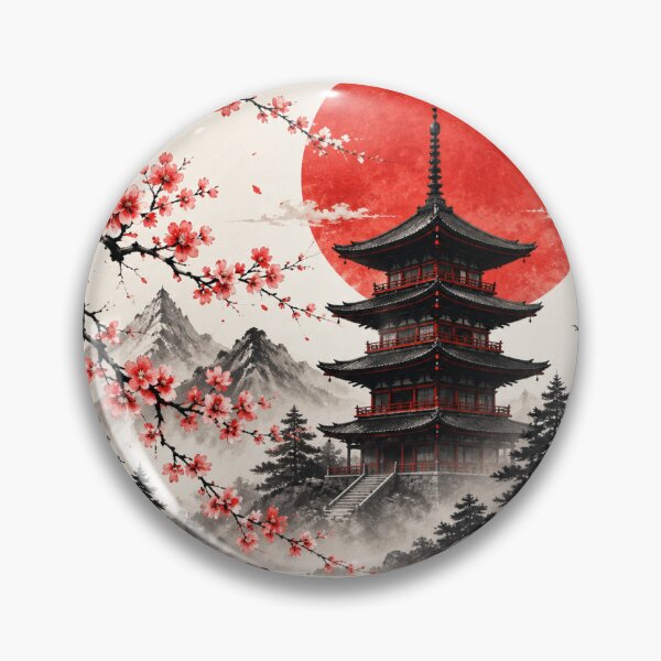Item preview, Japanese Pagoda Cherry Blossom Red Sun Landscape designed and sold by Ak-art-shop.