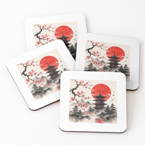 Item preview, Japanese Pagoda Cherry Blossom Red Sun Landscape designed and sold by Ak-art-shop.