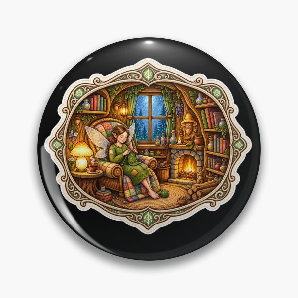 Item preview, Enchanted Woodland Fairy Knitting by the Fireplace | Cozy Cottagecore Fantasy Art designed and sold by MrDev.