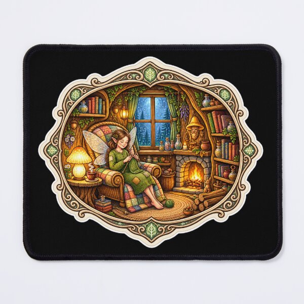 Item preview, Enchanted Woodland Fairy Knitting by the Fireplace | Cozy Cottagecore Fantasy Art designed and sold by MrDev.