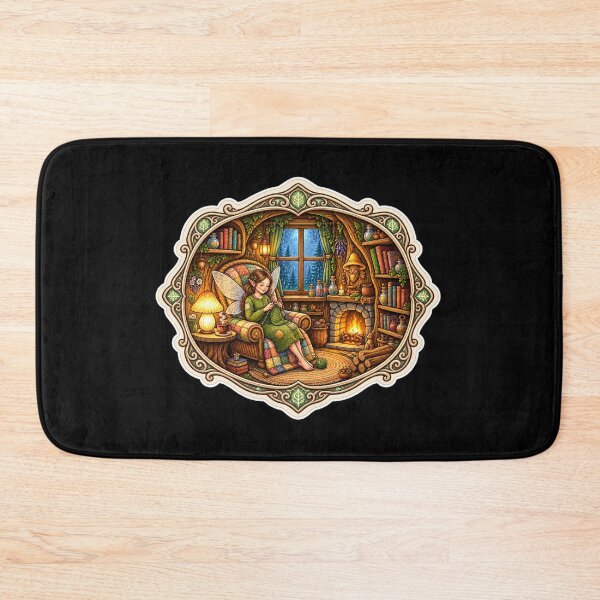 Item preview, Enchanted Woodland Fairy Knitting by the Fireplace | Cozy Cottagecore Fantasy Art designed and sold by MrDev.