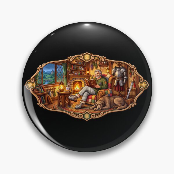 Item preview, Cozy Medieval Storyteller by the Fireplace | Fantasy Knight & Loyal Dog Cottage Art designed and sold by MrDev.