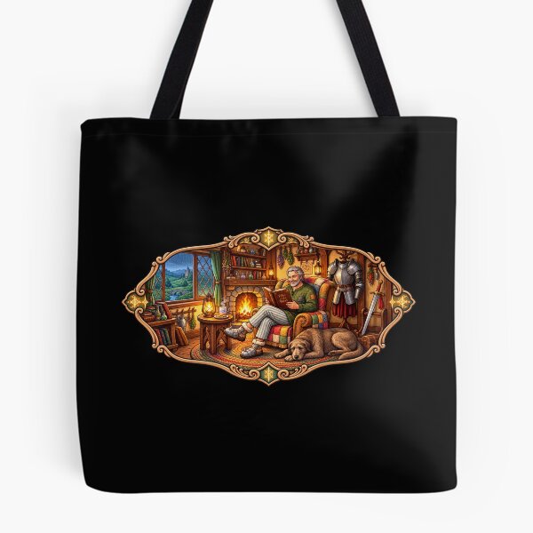 Item preview, Cozy Medieval Storyteller by the Fireplace | Fantasy Knight & Loyal Dog Cottage Art designed and sold by MrDev.