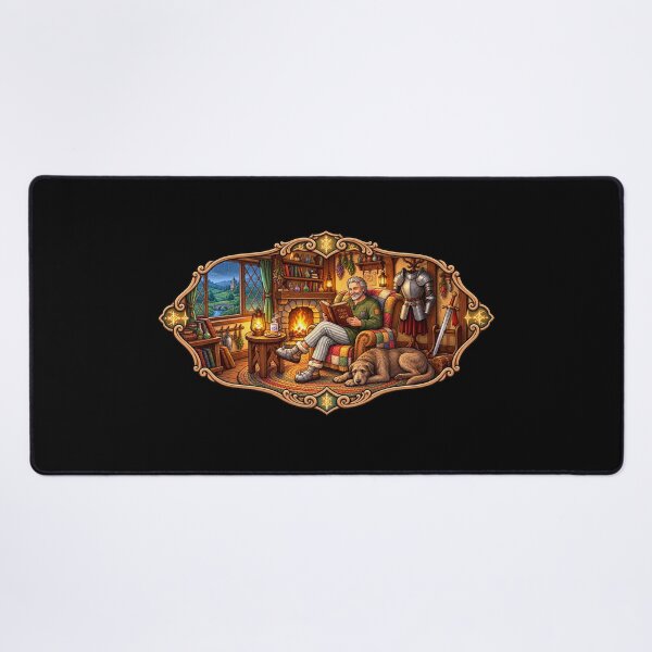Item preview, Cozy Medieval Storyteller by the Fireplace | Fantasy Knight & Loyal Dog Cottage Art designed and sold by MrDev.