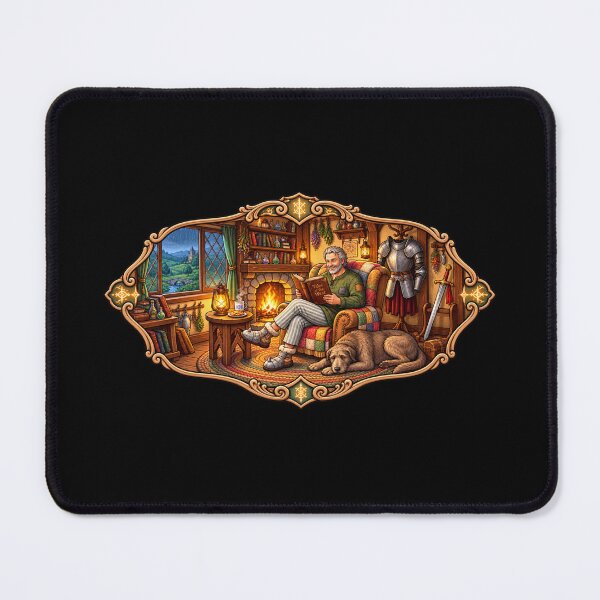 Item preview, Cozy Medieval Storyteller by the Fireplace | Fantasy Knight & Loyal Dog Cottage Art designed and sold by MrDev.