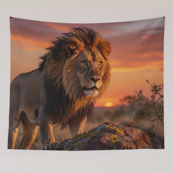 Item preview, Majestic African Lion at Sunset – Golden Savannah Wildlife Art designed and sold by DreamyWallVibes.