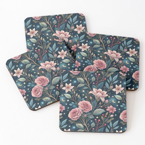 Item preview, Midnight Botanical Garden – Pink Roses Under The Crescent Moon & Starlit designed and sold by Whimsical Wayfarer.