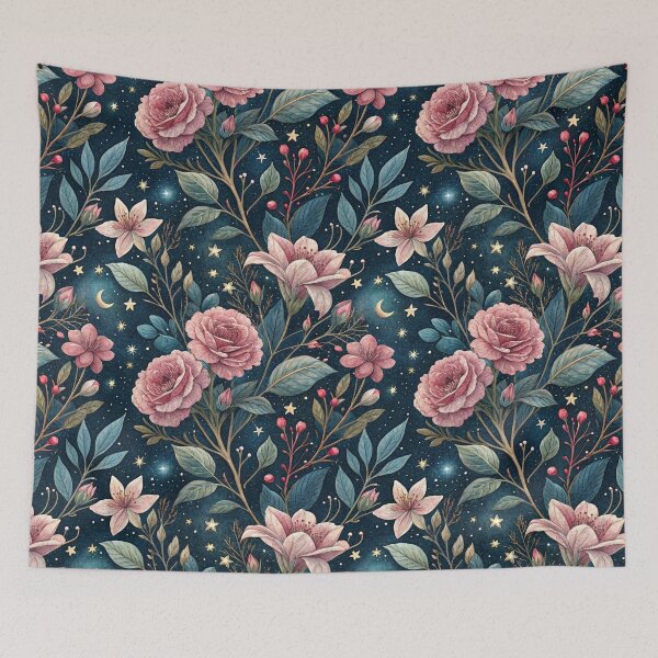 Item preview, Midnight Botanical Garden – Pink Roses Under The Crescent Moon & Starlit designed and sold by Whimsical Wayfarer.