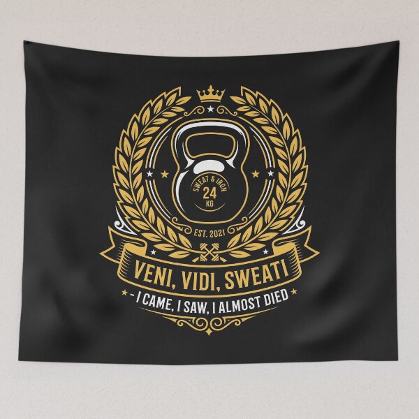 Item preview, Veni Vidi Sweati - Kettlebell Gym Humor Weightlifting Badge designed and sold by SplashTastic.